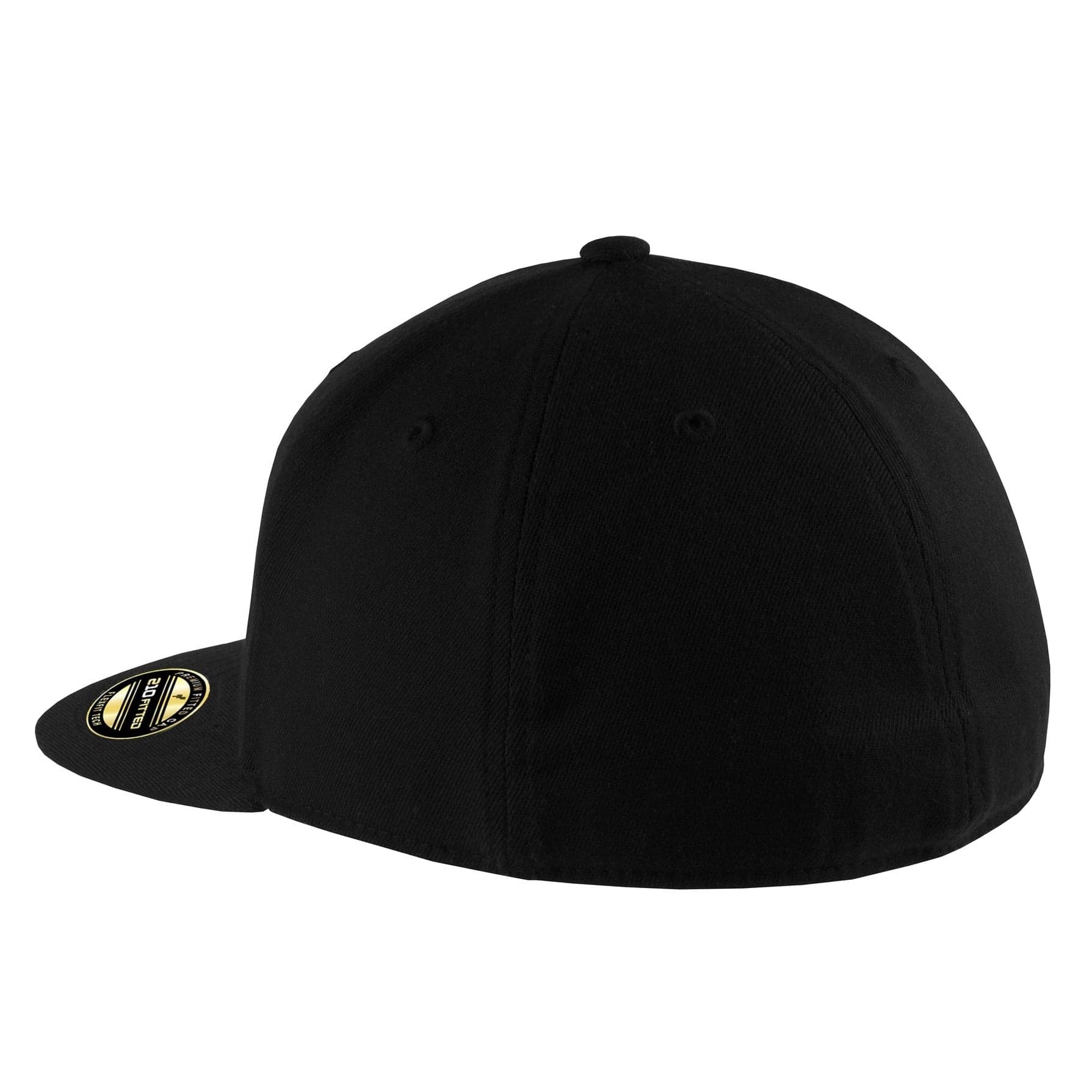 Plain black flexfit 210 flat bill cap, front view