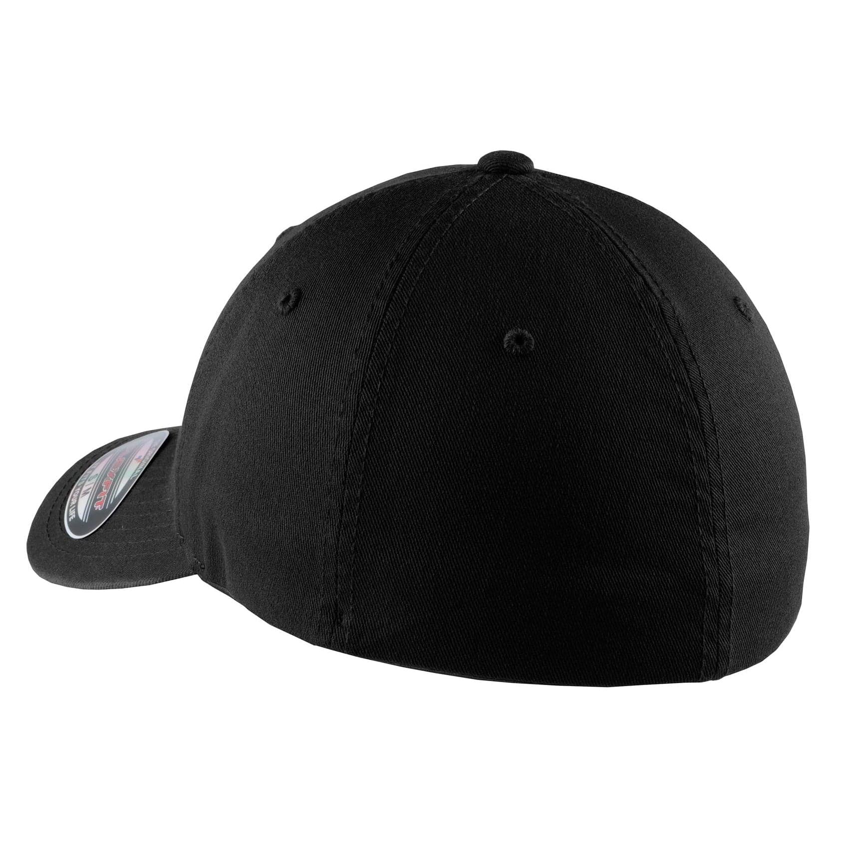 Plain black flexfit garment-washed cap, front view