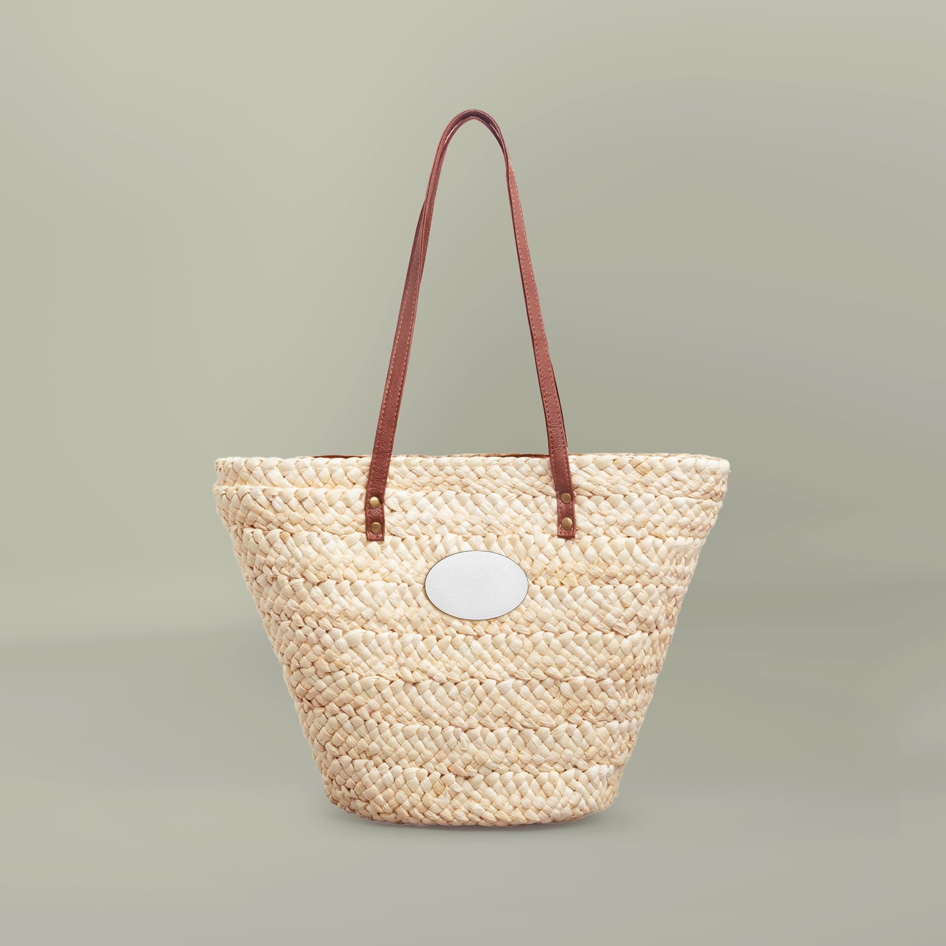 Plain woven straw tote bag, front view