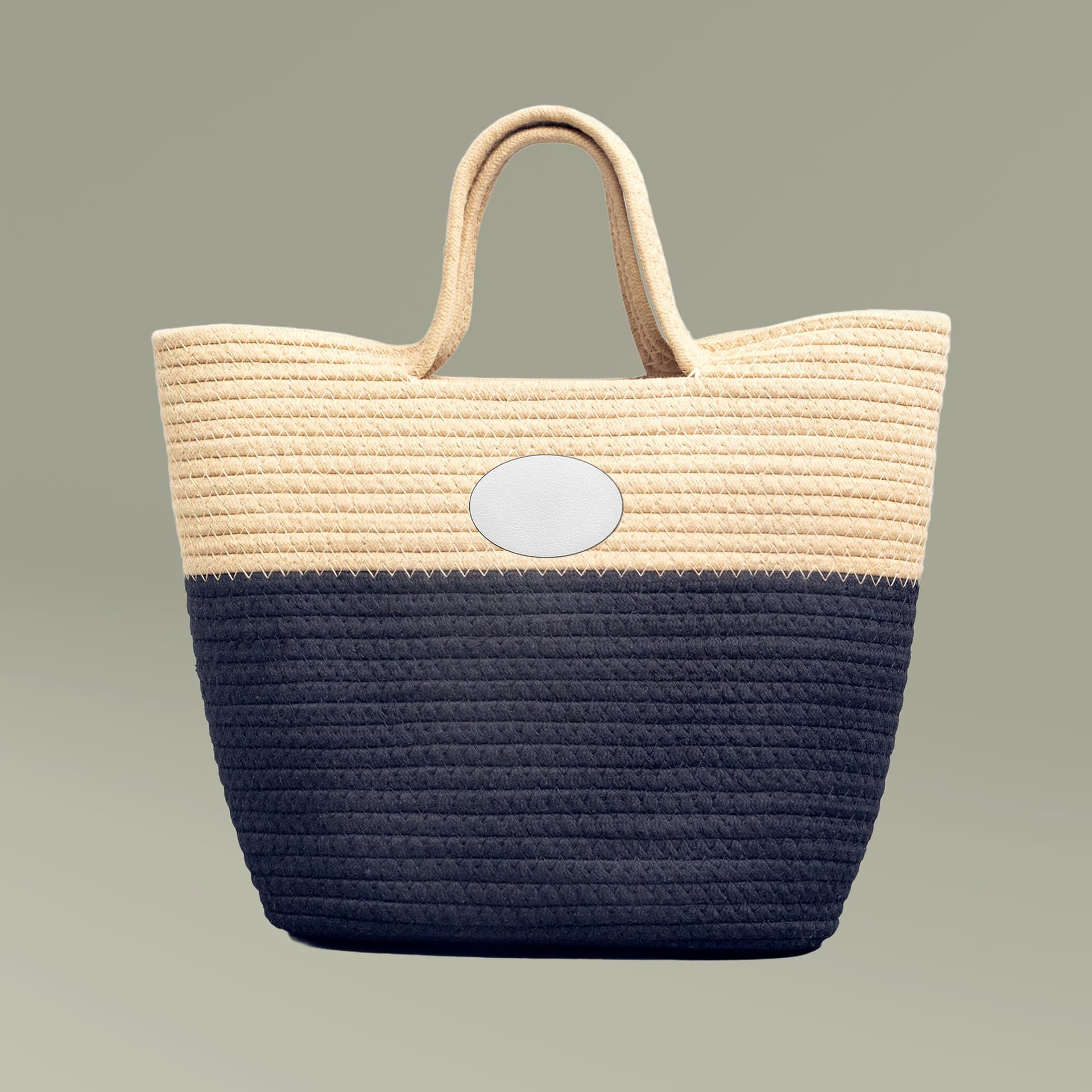 Plain sand / black handwoven straw bag, front view