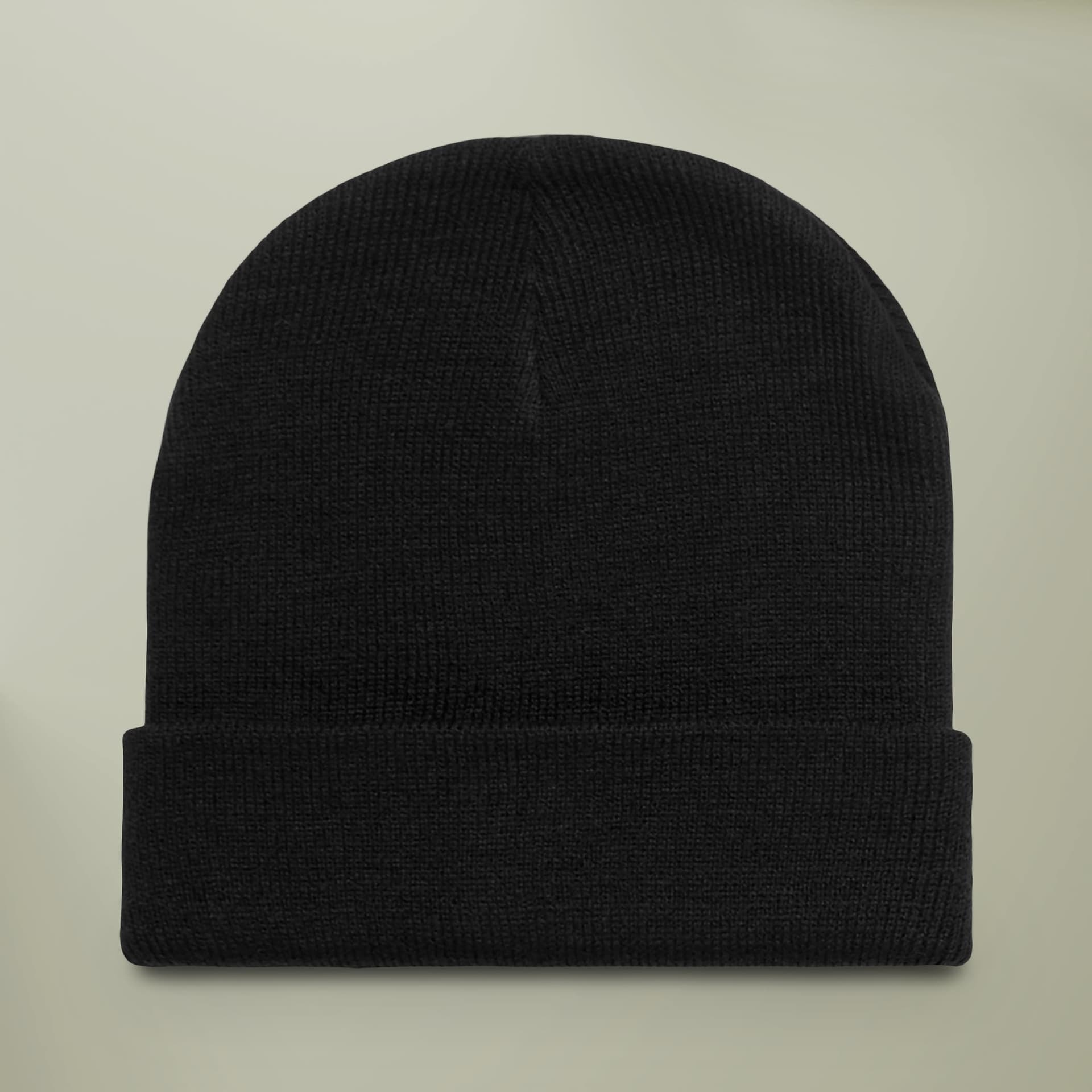 Plain black cuff beanie, front view