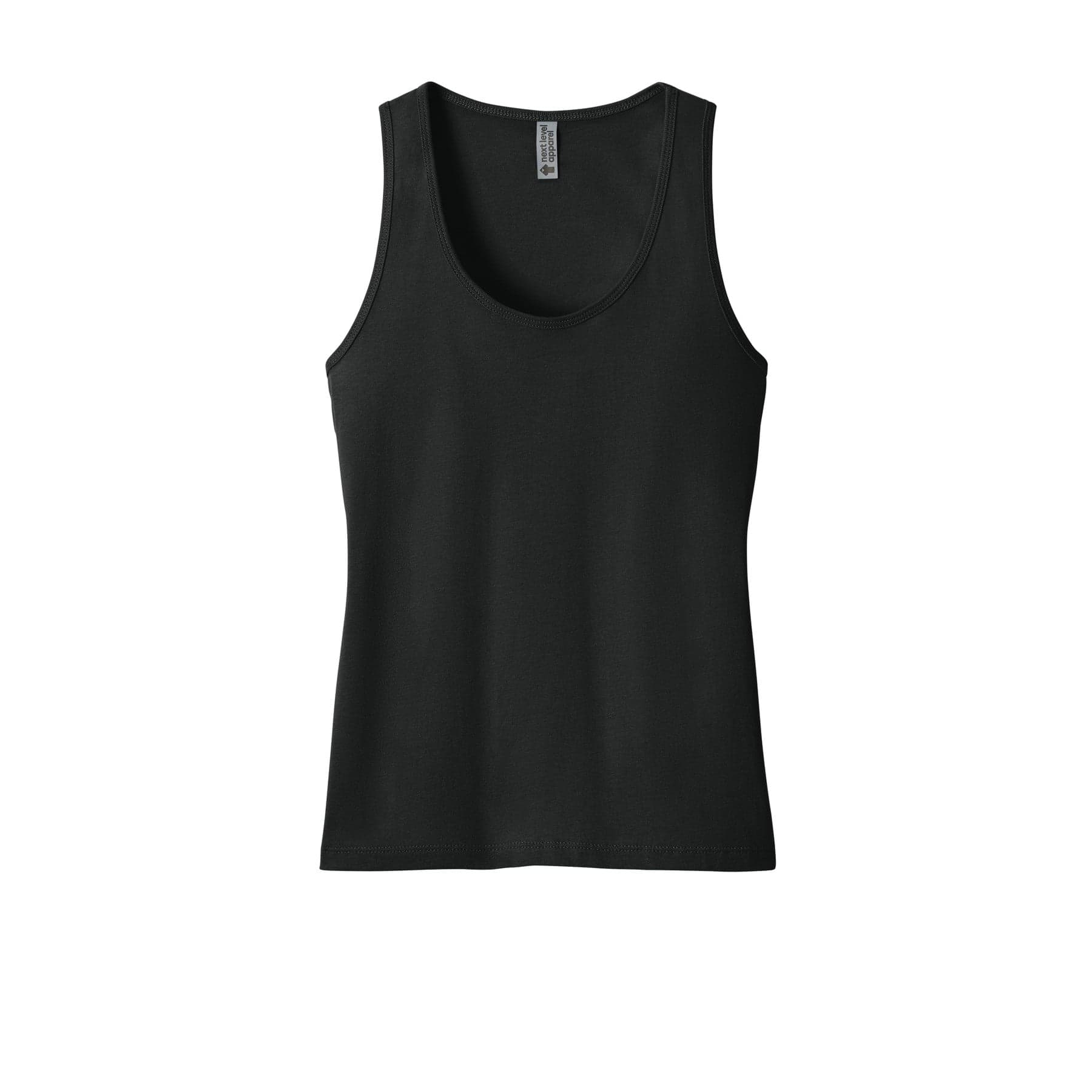 Plain black women's cotton tank top, front view