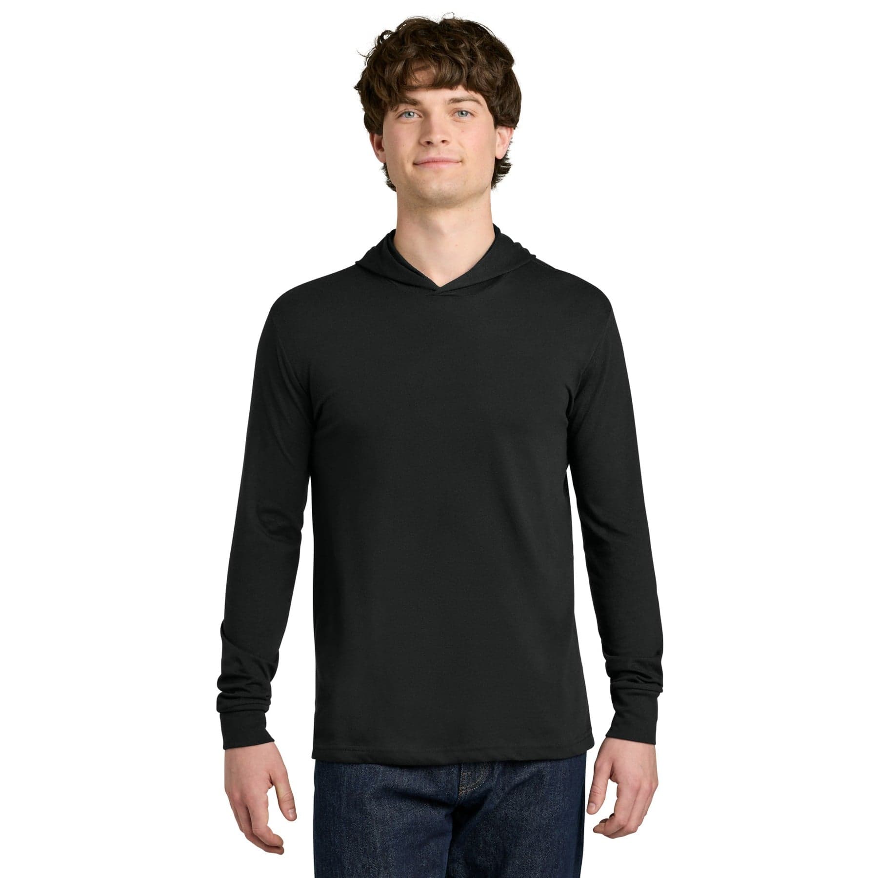 Plain black men's cotton long-sleeve, front view