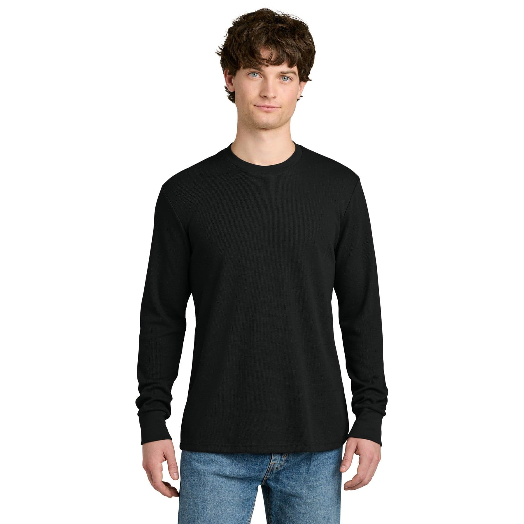 Plain black men's cotton long-sleeve, front view