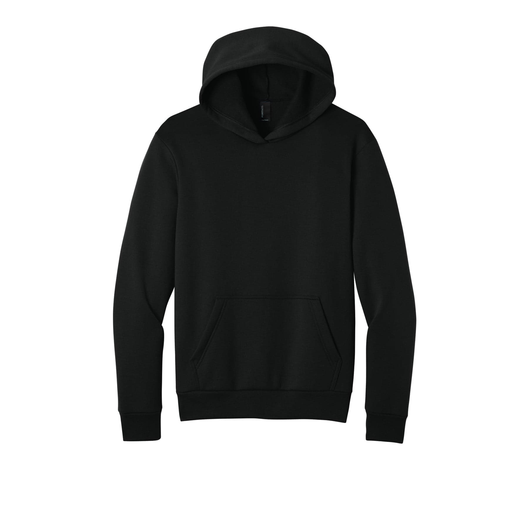 Plain jet black men's cotton polyester hoodie, front view