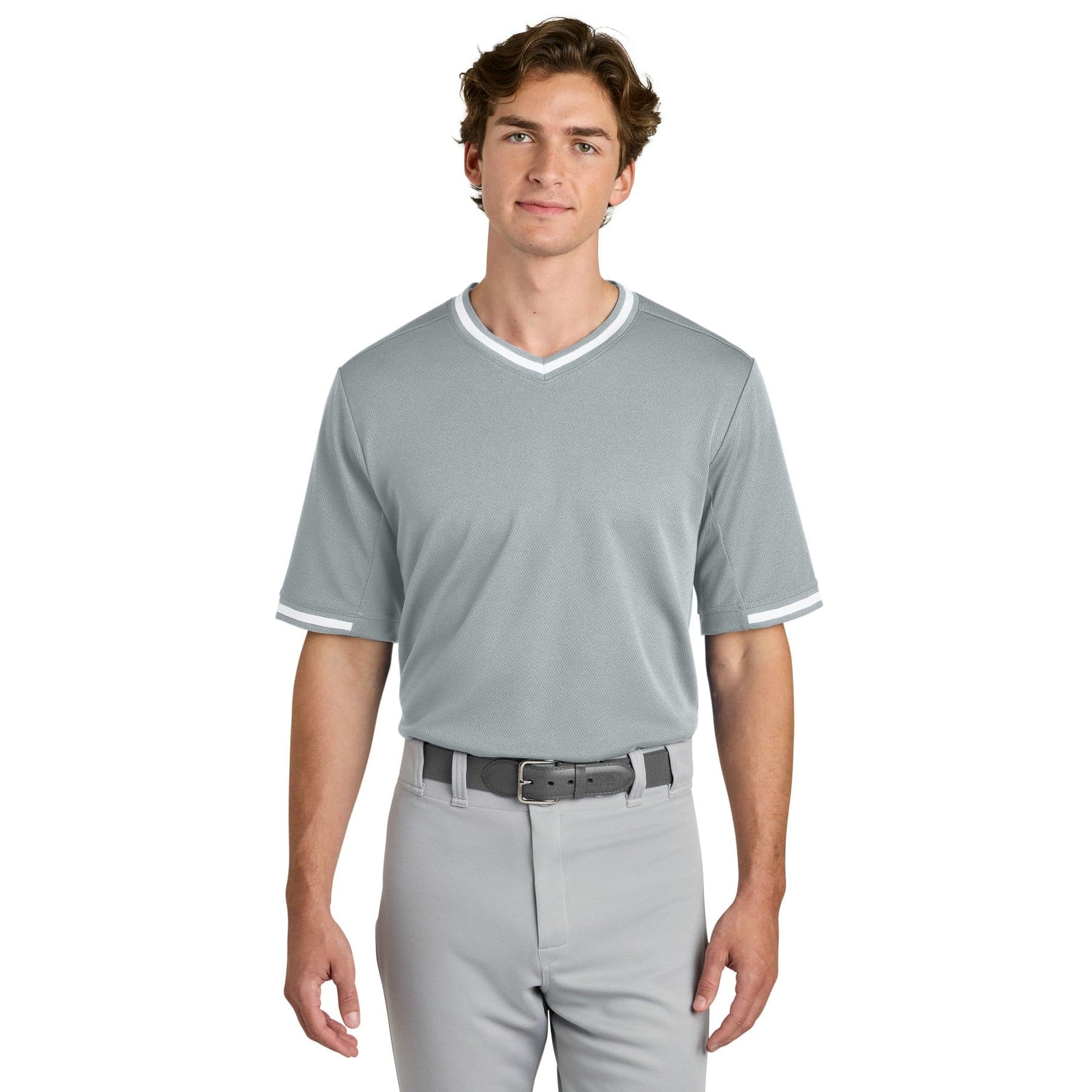 Plain silver men's polyester v-neck t-shirt, front view