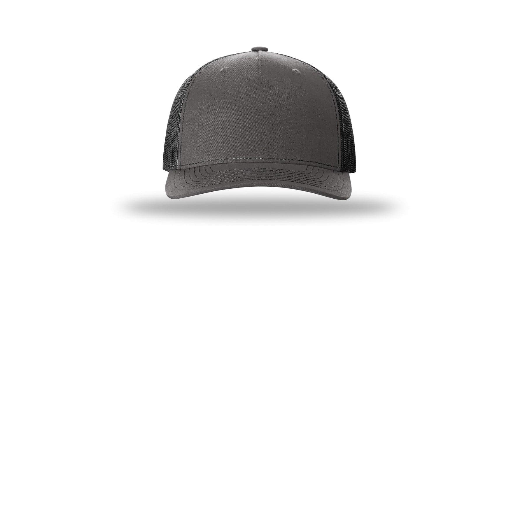 Plain heather grey/ black five-panel trucker, front view