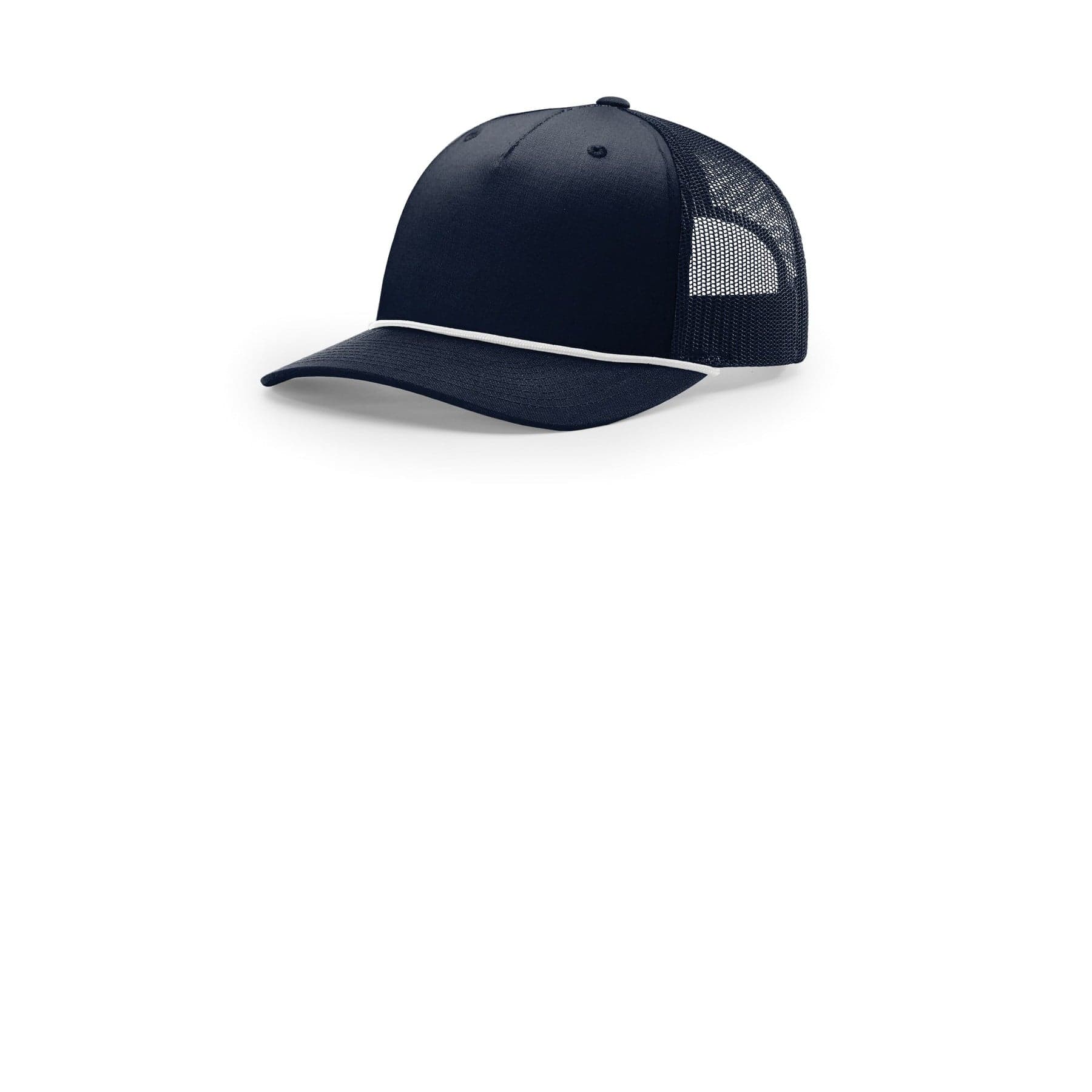 Plain navy/ white five-panel trucker rope cap, front view