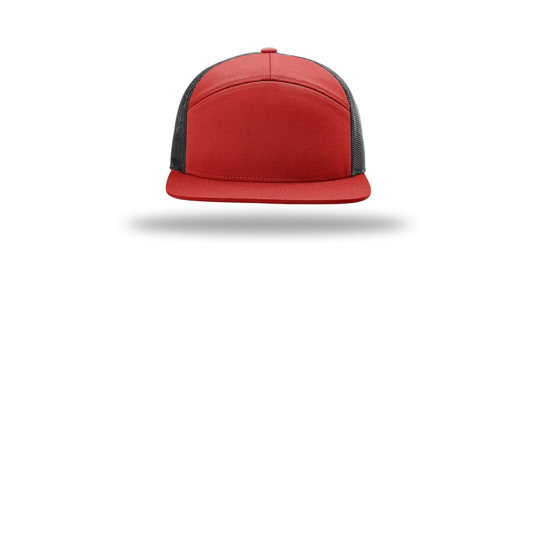 Plain red/ black 7-panel trucker, front view