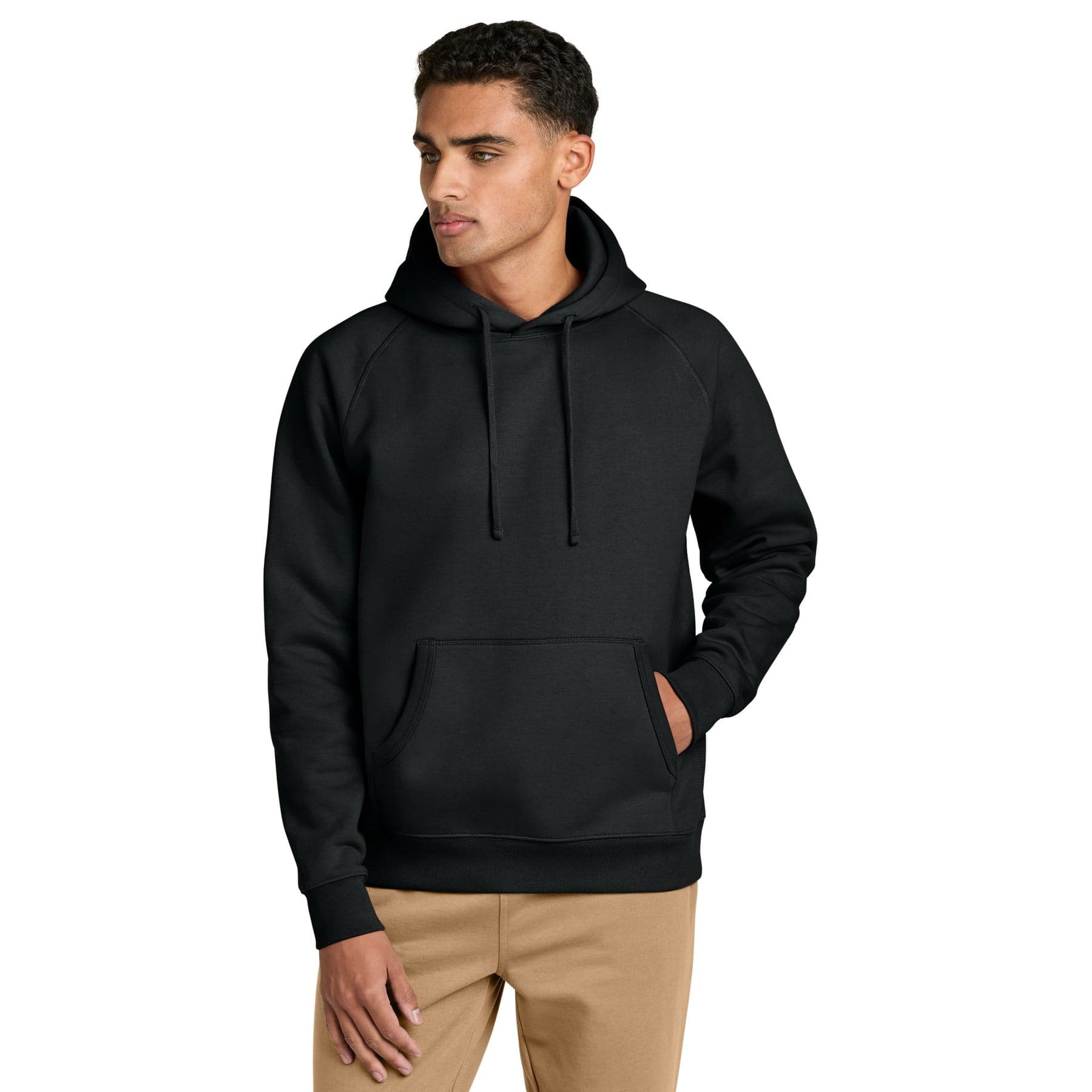 Plain black unisex raglan hoodie, front view