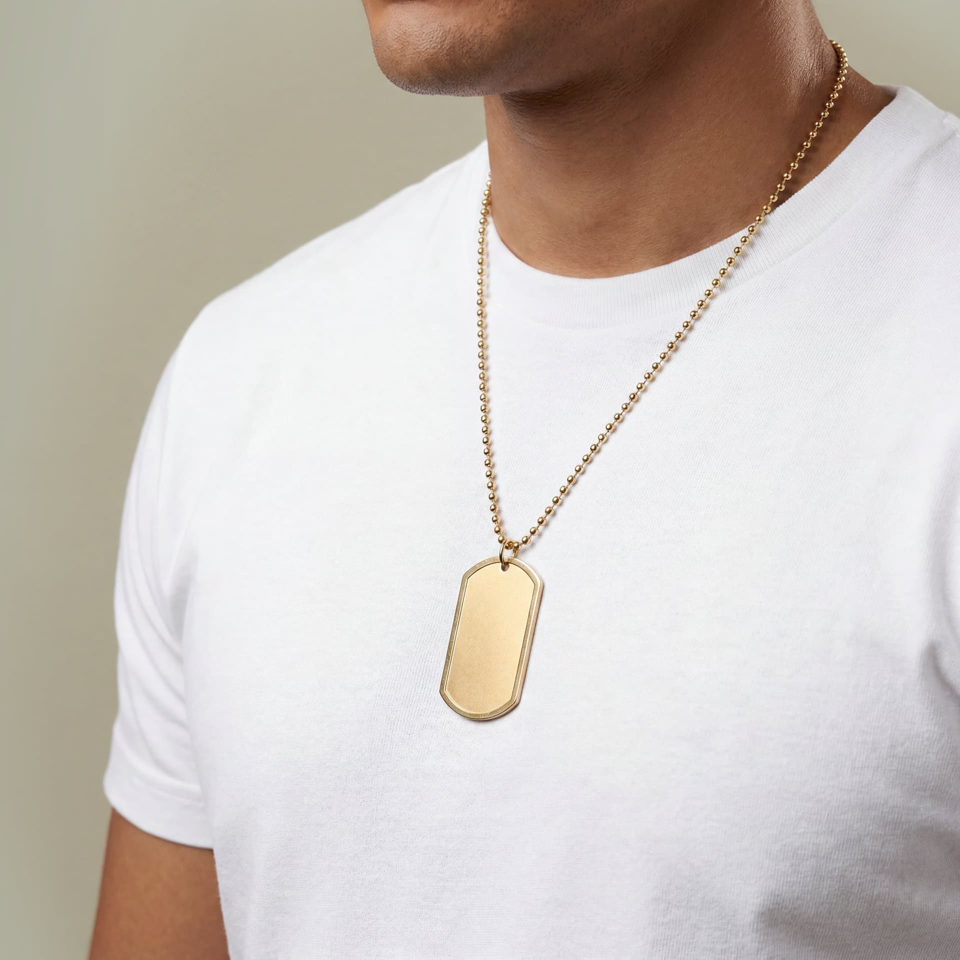 Plain stainless steel dog tag with chain, front view
