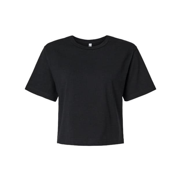 Plain black women's fine jersey boxy tee, front view