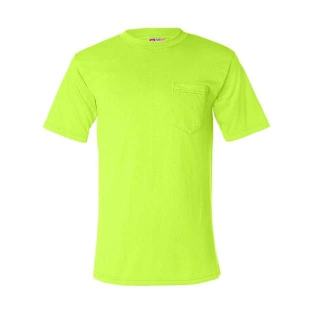 Plain safety green unisex usa-made 50-50 pocket t-shirt, front view