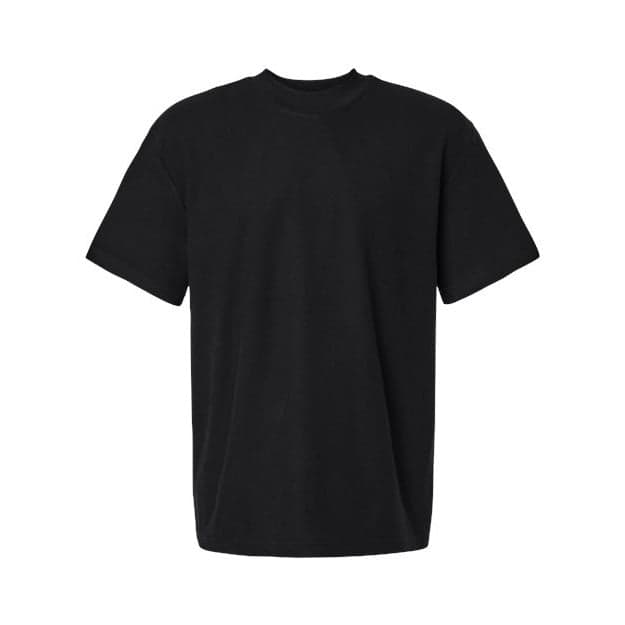 Plain black unisex pique mockneck tee, front view
