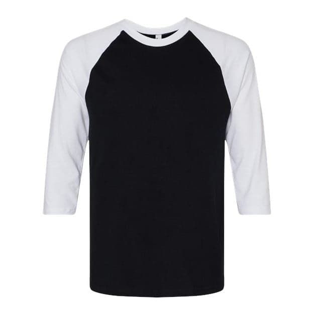 Plain black/ white unisex cvc three-quarter sleeve tee, front view