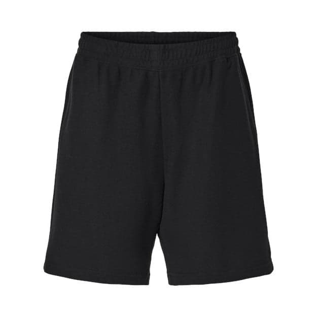 Plain black unisex pique gym shorts, front view