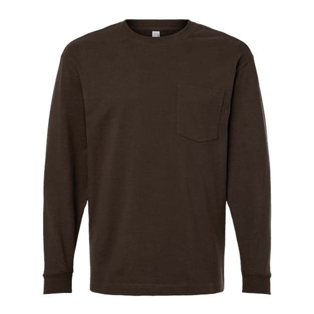 Plain brown unisex super heavyweight long sleeve pocket tee, front view