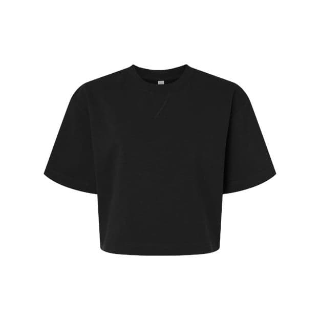 Plain black women's french terry mid-length boxy top, front view