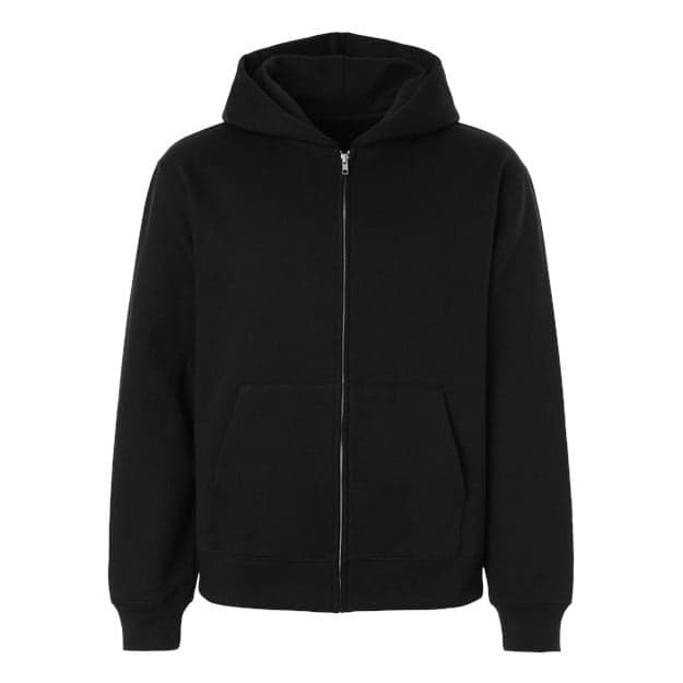 Plain black unisex 10 oz full-zip hoodie sweatshirt, front view