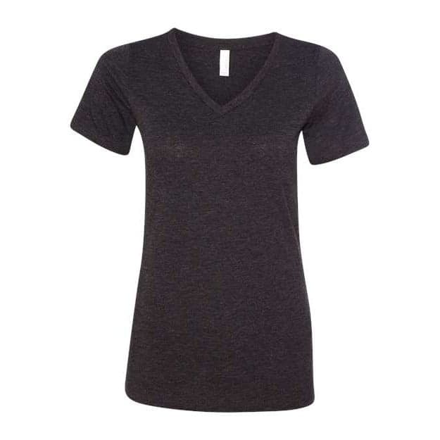 Plain charcoal black triblend women's relaxed triblend v-neck tee, front view