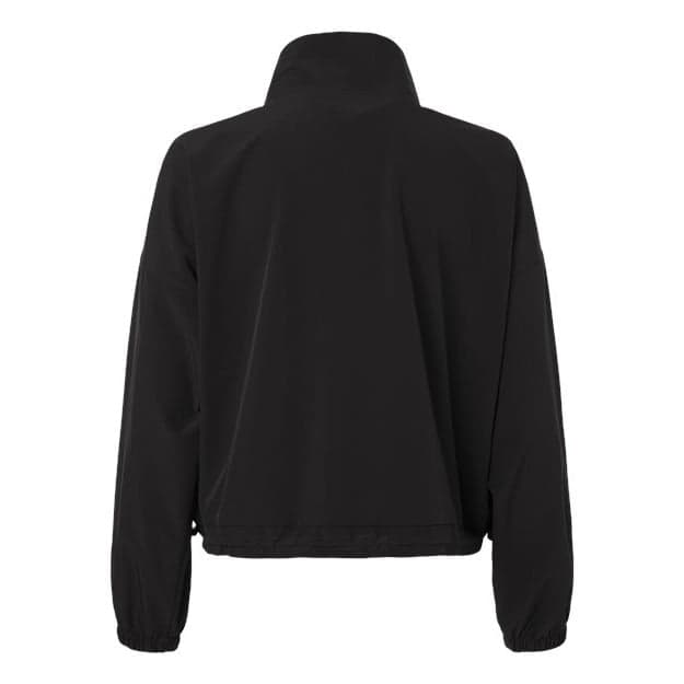 Plain black women's stretch woven quarter-zip pullover, front view