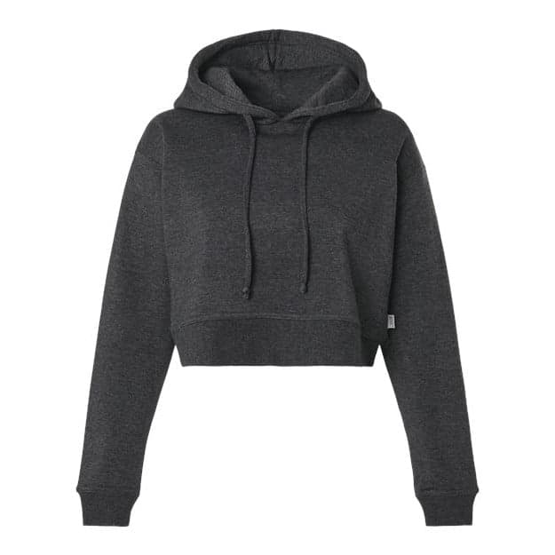 Plain charcoal heather women's cropped fleece hooded sweatshirt, front view