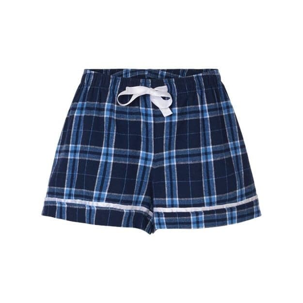 Plain navy/ silver plaid women's flannel shorts, front view
