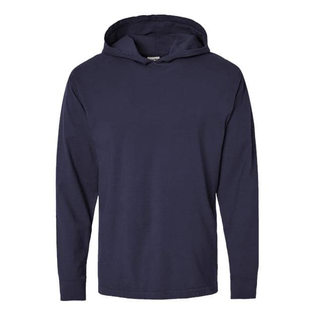 Plain anchor slate unisex garment-dyed jersey hooded long sleeve t-shirt, front view