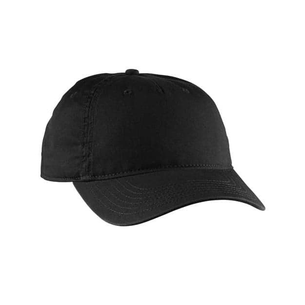 Plain black unstructured five-panel baseball cap, front view