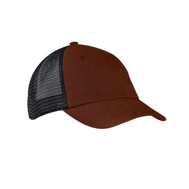 Plain sienna/ black washed hemp soft mesh trucker cap, front view