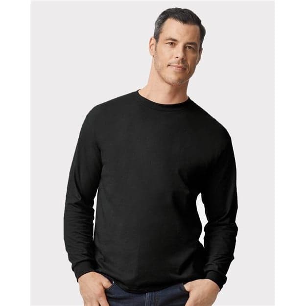 Plain black unisex long sleeve t-shirt, front view