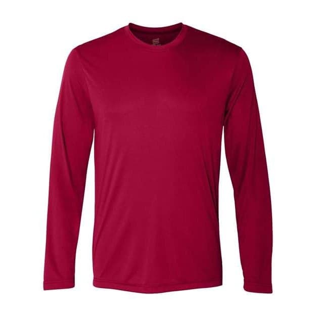 Plain deep red unisex long sleeve performance t-shirt, front view