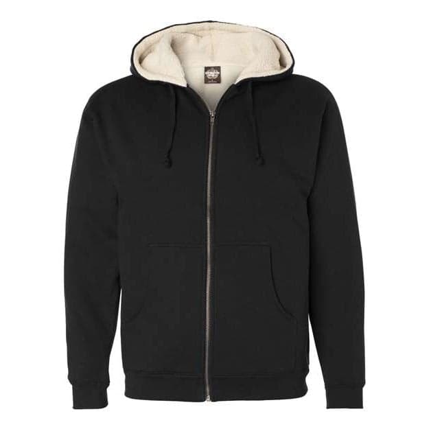 Plain black/ natural men's sherpa-lined full-zip hooded sweatshirt, front view