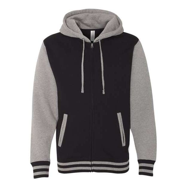 Plain charcoal heather/ black unisex heavyweight varsity full-zip hooded sweatshirt, front view