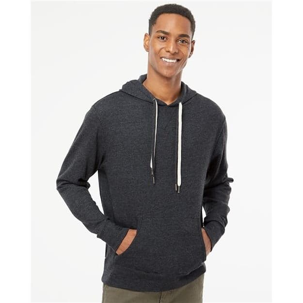 Plain navy heather unisex midweight french terry hooded sweatshirt, front view