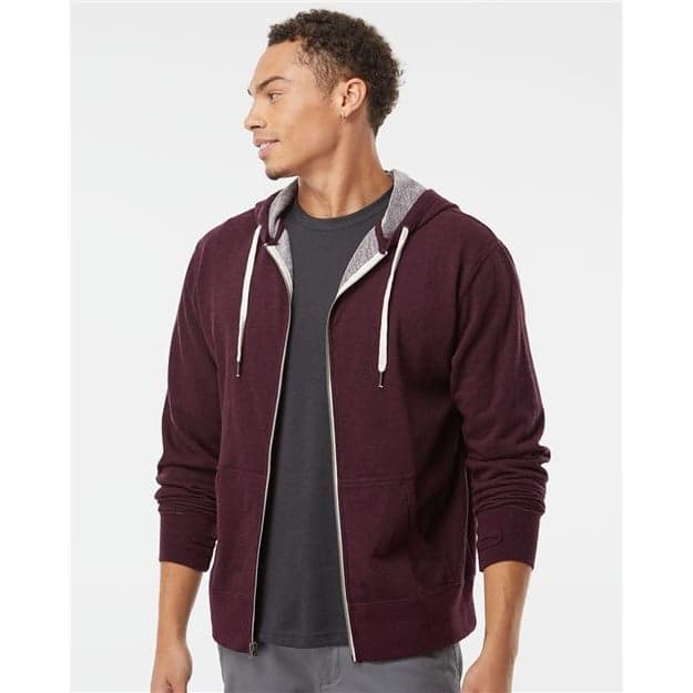 Plain charcoal heather unisex heathered french terry full-zip hooded sweatshirt, front view