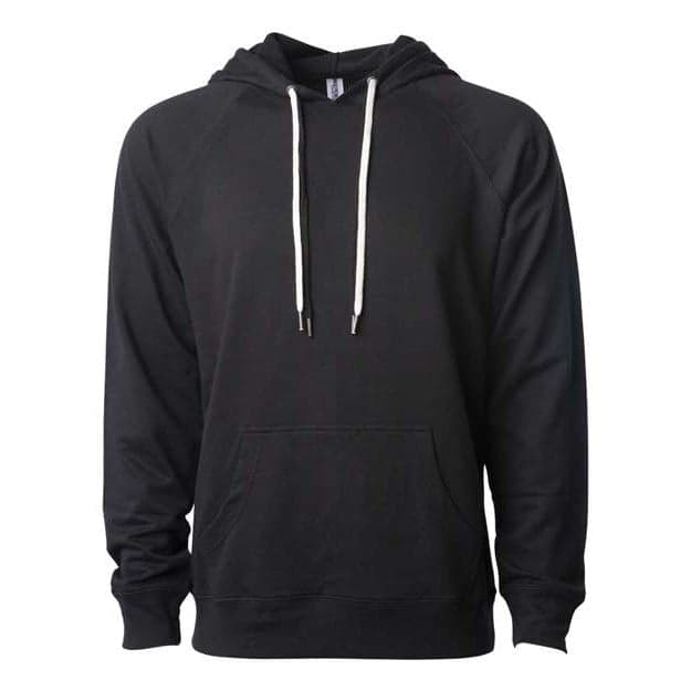 Plain charcoal heather unisex icon lightweight loopback terry hooded sweatshirt, front view