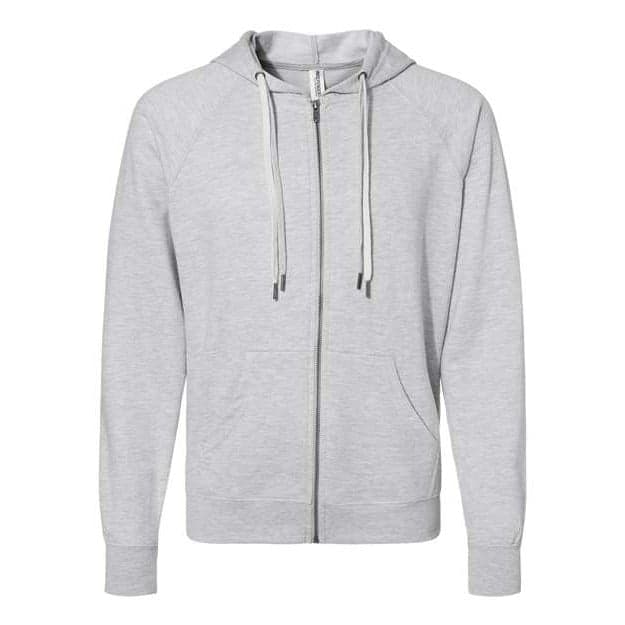 Plain athletic heather unisex icon lightweight loopback terry full-zip hooded sweatshirt, front view