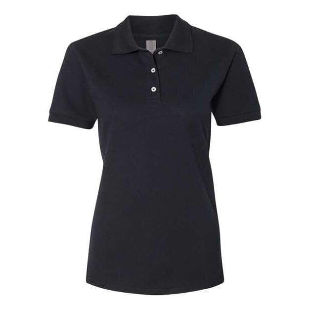 Plain black women's 100% ring-spun cotton piqué polo, front view