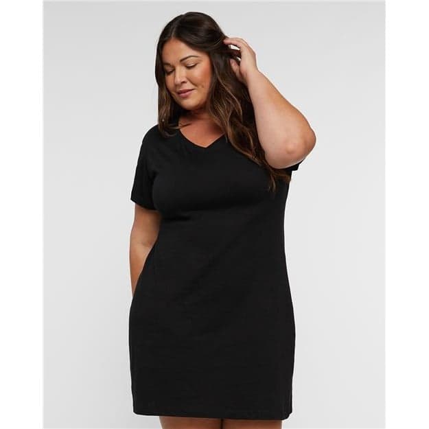 Plain black women's fine jersey v-neck coverup, front view