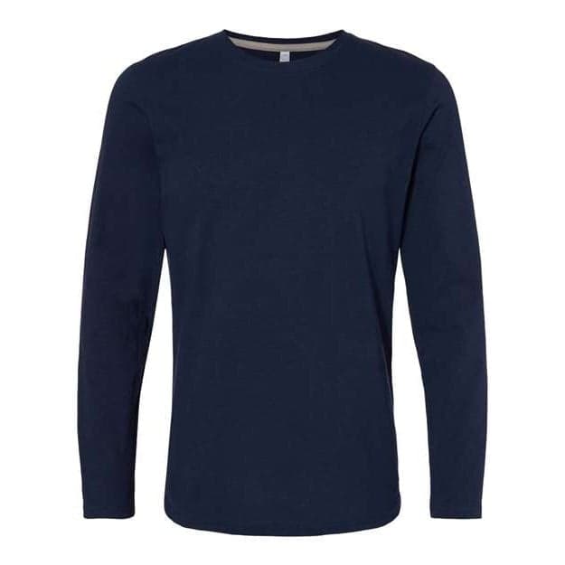 Plain navy men's fine jersey long sleeve tee, front view