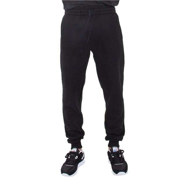 Plain black unisex fleece joggers, front view