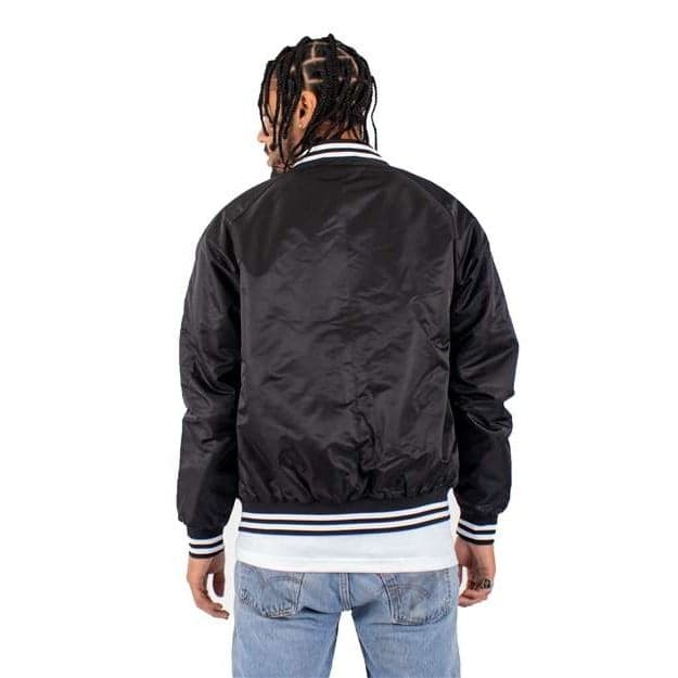 Plain black unisex varsity bomber jacket, front view