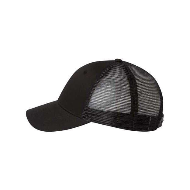 Plain black/ white mesh-back twill trucker cap, front view