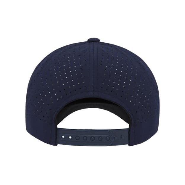 Plain navy five-panel snapback with perforated cap, front view