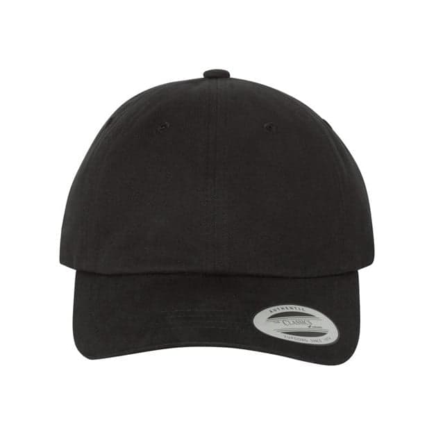 Plain black peached cotton twill dad hat, front view