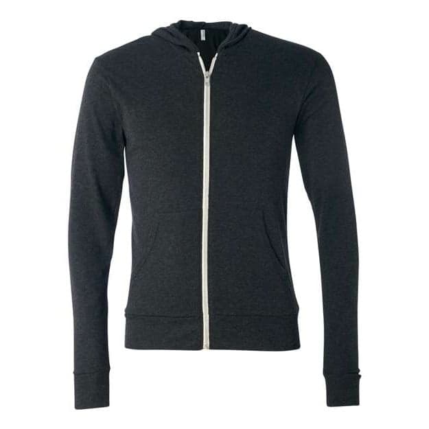 Plain charcoal black triblend unisex triblend lightweight full-zip hooded long sleeve tee, front view