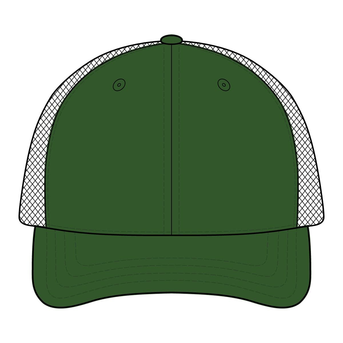 Plain green camo/ black garment washed printed trucker cap, front view