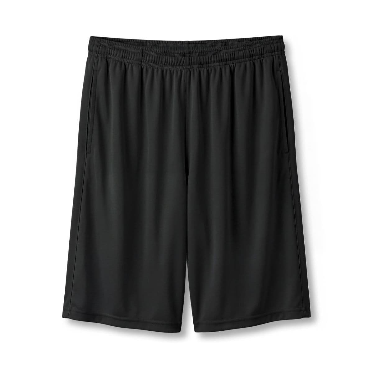 Plain black unisex b-core pocketed 7" shorts, front view