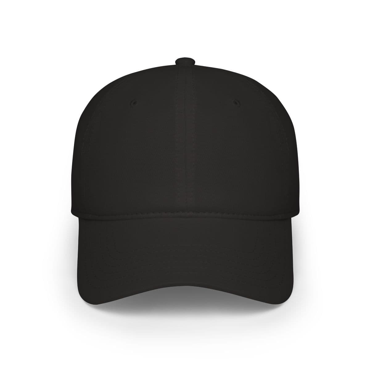 Plain black low profile baseball cap, front view
